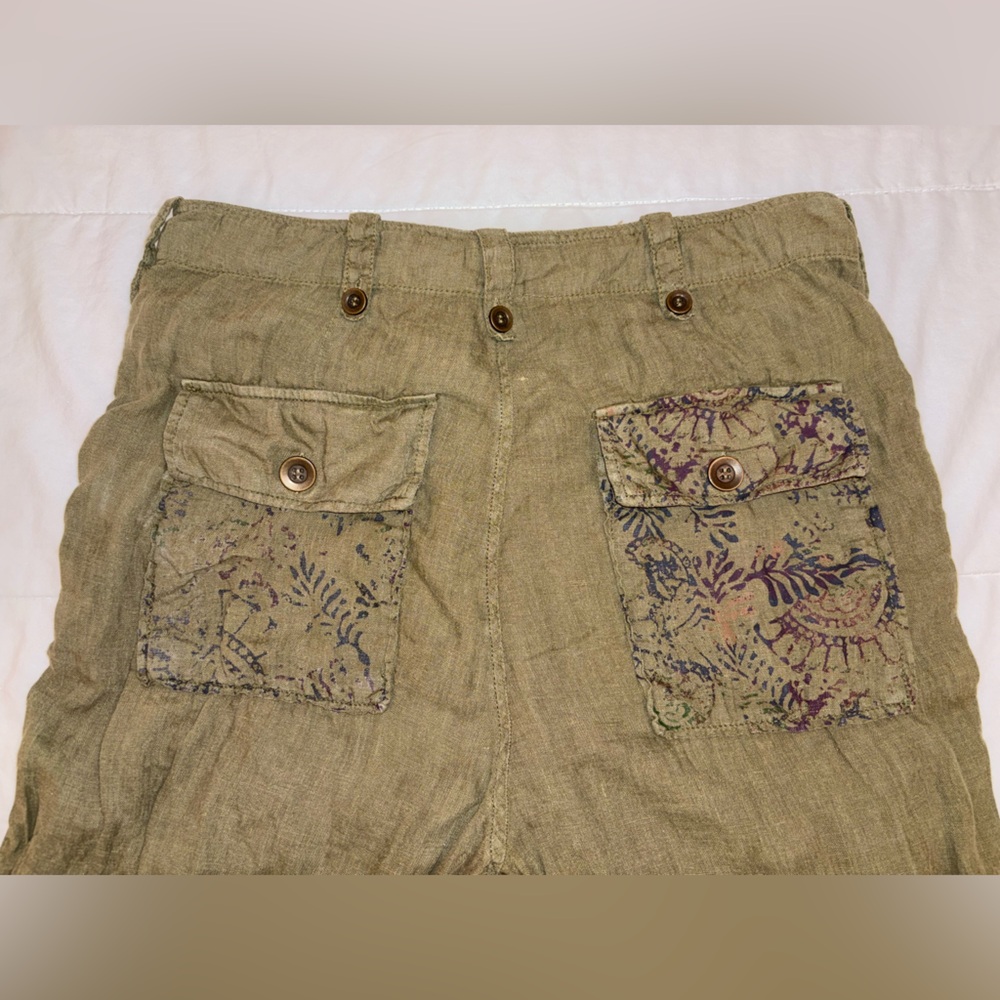 Free People Issa Cargo Pants Linen in Olive Green Bohemian Pattern - Size US 12 - Picture 10 of 16